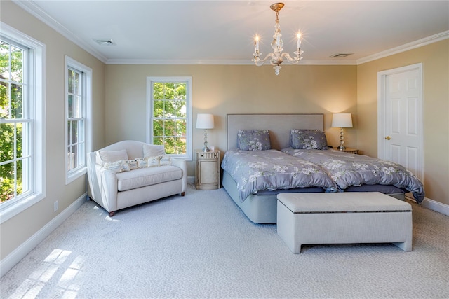 2740 Netherland Ave, Bronx, NY 10463 - carpeted bedroom featuring crown molding, multiple windows, baseboards, and a chandelier