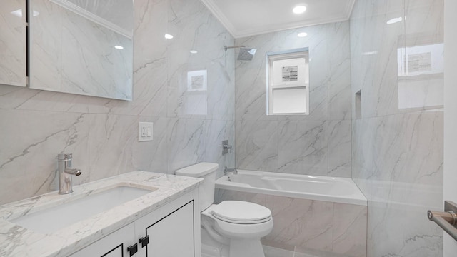 3964 Duryea Ave, Bronx, NY 10466 - bathroom featuring ornamental molding, toilet, a combined bath / shower with marble appearance, tile walls, and vanity