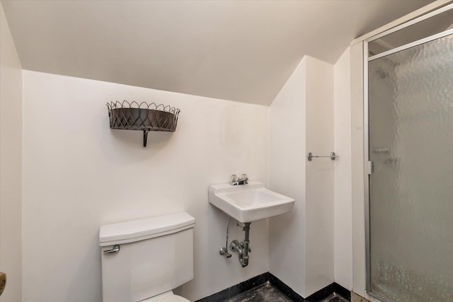 725 Clinton St, Westbury, NY 11590 - bathroom with toilet, a stall shower, lofted ceiling, and baseboards