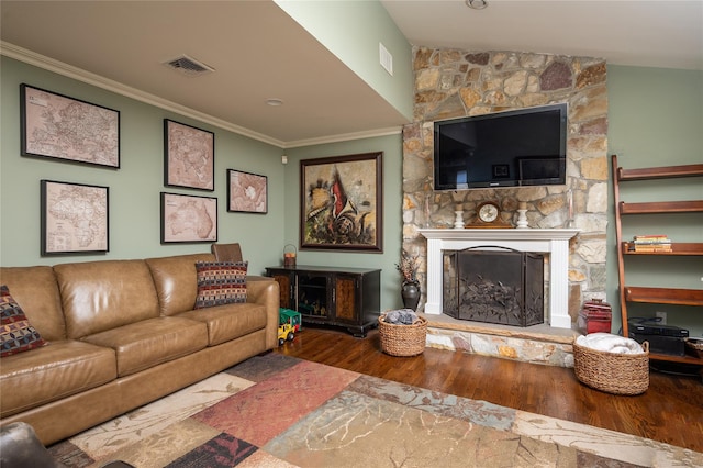 14 Merritts Rd, Farmingdale, NY 11735 - living area featuring a stone fireplace, wood finished floors, and ornamental molding