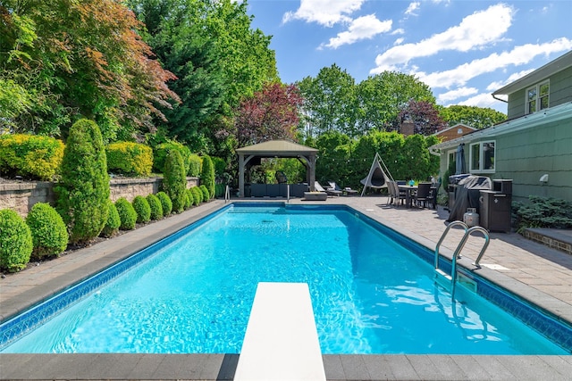 14 Merritts Rd, Farmingdale, NY 11735 - outdoor pool featuring a gazebo, a patio, a diving board, view of scattered trees, and fence