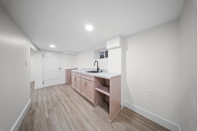 14-09 131st St, College Point, NY 11356 - bar area featuring light wood-style flooring, a sink, baseboards, and recessed lighting