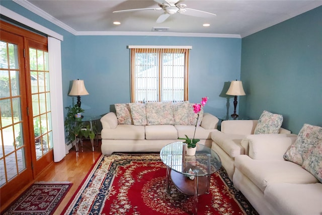 25GLACIERDRIVE Glacier Dr, Smithtown, NY 11787 - living area with plenty of natural light, wood finished floors, recessed lighting, a ceiling fan, and crown molding