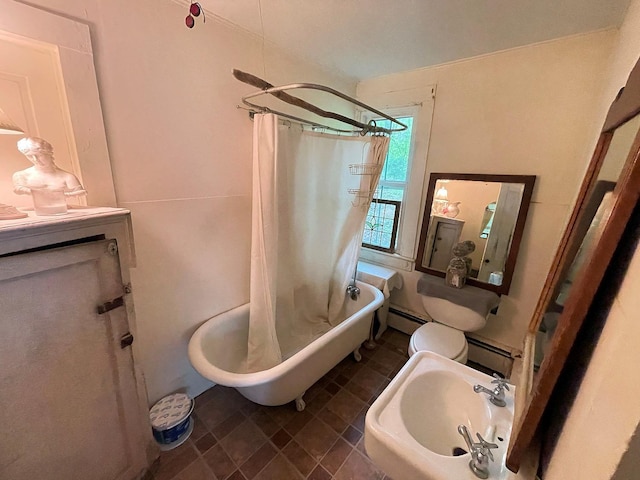 12 Henderson Rd, Hankins, NY 12741 - full bathroom with a baseboard radiator, shower / bathtub combination with curtain, and a sink