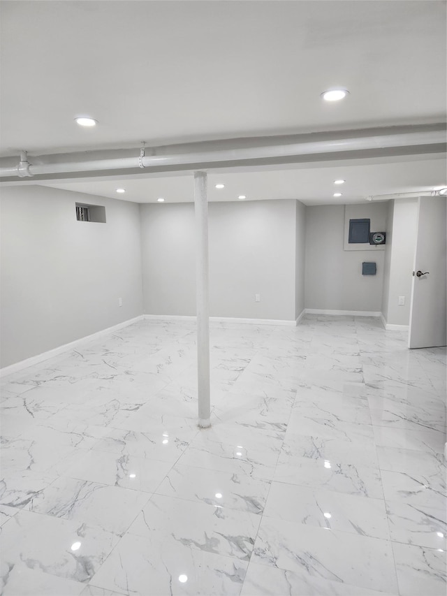 224-06 114th Rd, Cambria Heights, NY 11411 - finished basement featuring recessed lighting, baseboards, and light marble finish flooring
