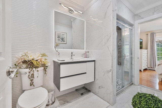 8 Stark Ct, New City, NY 10956 - full bathroom featuring marble tiled floors, ornamental molding, vanity, a marble finish shower, and toilet