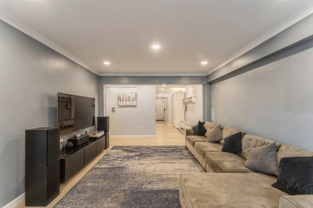 1355 Broadway Unit B20, Hewlett, NY 11557 - living room featuring ornamental molding, light wood-type flooring, baseboards, and recessed lighting