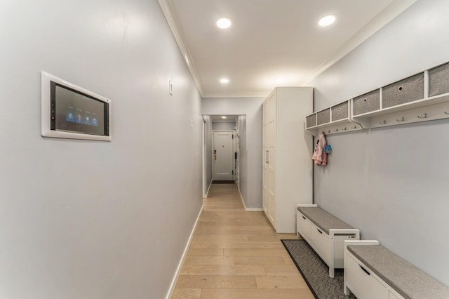 1355 Broadway Unit B20, Hewlett, NY 11557 - mudroom with ornamental molding, light wood-type flooring, baseboards, and recessed lighting