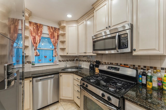 1355 Broadway Unit B20, Hewlett, NY 11557 - kitchen with stainless steel appliances, a sink, open shelves, cream cabinets, and recessed lighting