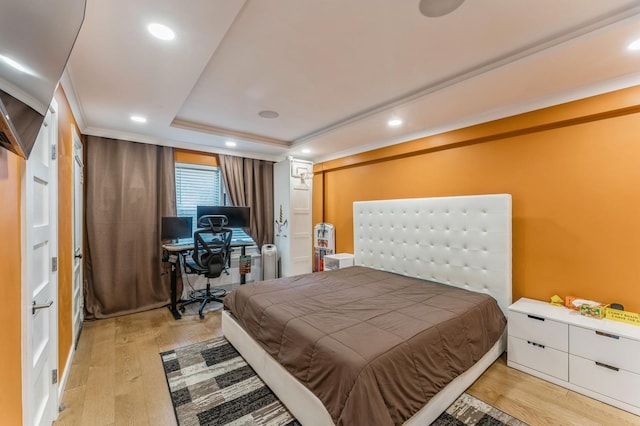 1355 Broadway Unit B20, Hewlett, NY 11557 - bedroom with light wood finished floors, a tray ceiling, recessed lighting, a desk, and ornamental molding