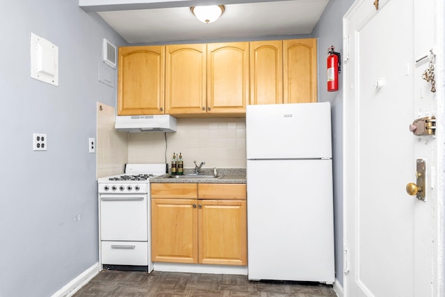 84-19 51st Ave Unit 2E, Elmhurst, NY 11373 - kitchen featuring white appliances, under cabinet range hood, a sink, backsplash, and baseboards