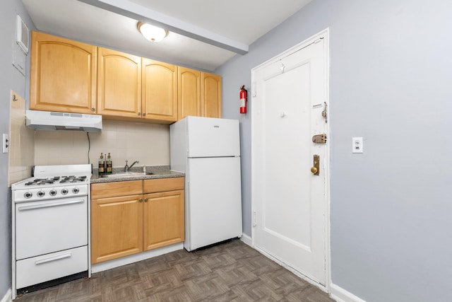 84-19 51st Ave Unit 2E, Elmhurst, NY 11373 - kitchen featuring white appliances, under cabinet range hood, backsplash, a sink, and baseboards
