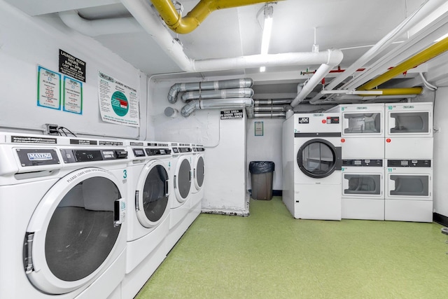 84-19 51st Ave Unit 2E, Elmhurst, NY 11373 - community laundry room featuring stacked washer / dryer, washing machine and dryer, and tile patterned floors