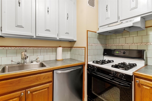 395 Westchester Ave Unit 3A, Port Chester, NY 10573 - kitchen with range with gas stovetop, dishwasher, under cabinet range hood, backsplash, and white cabinets