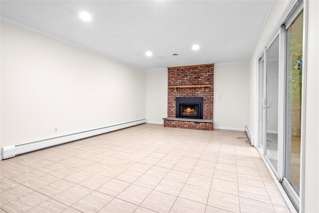 123 Birch Ln, New City, NY 10956 - unfurnished living room with a baseboard heating unit, recessed lighting, ornamental molding, baseboard heating, and a brick fireplace