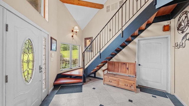 42 Blackstone Rdg, Holmes, NY 12531 - tiled entrance foyer with stairs, baseboards, beamed ceiling, and high vaulted ceiling