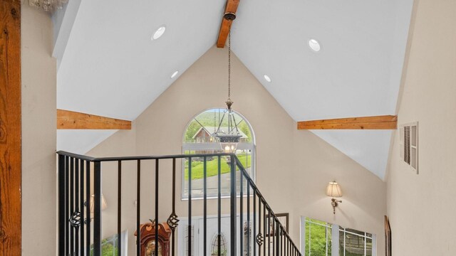 42 Blackstone Rdg, Holmes, NY 12531 - detailed view of beamed ceiling, a chandelier, and recessed lighting
