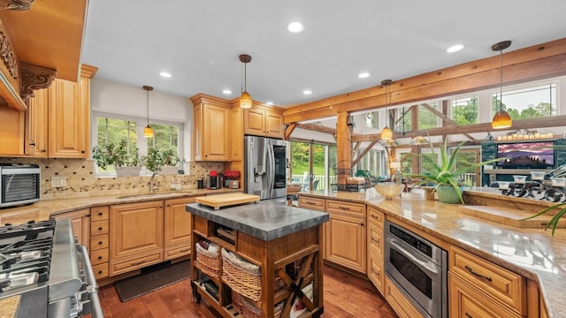 42 Blackstone Rdg, Holmes, NY 12531 - kitchen with stainless steel fridge with ice dispenser, dark wood-style floors, recessed lighting, range, and a sink