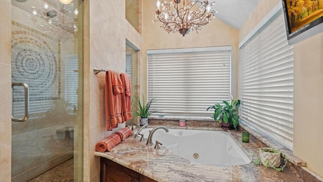42 Blackstone Rdg, Holmes, NY 12531 - full bath with a stall shower, a tub with jets, lofted ceiling, and a chandelier