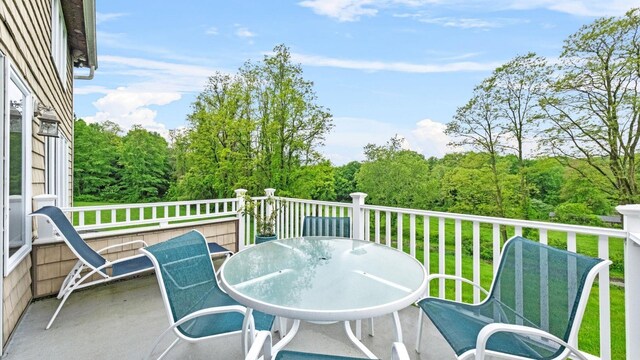 42 Blackstone Rdg, Holmes, NY 12531 - deck with outdoor dining area, a wooded view, and a yard