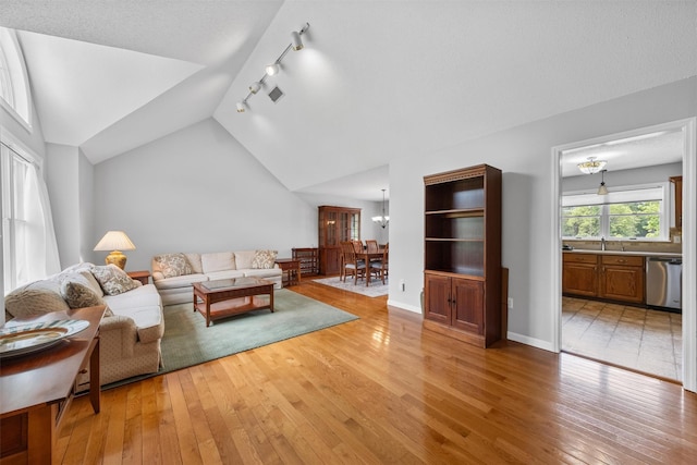 7 Brandy Ln, Hopewell Junction, NY 12590 - living room featuring light wood-style flooring, track lighting, lofted ceiling, and baseboards