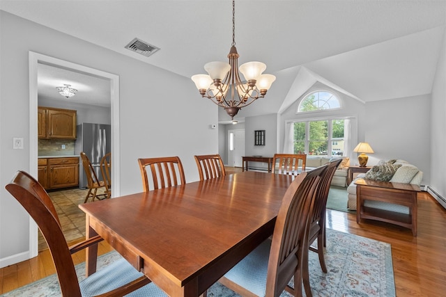 7 Brandy Ln, Hopewell Junction, NY 12590 - dining area featuring a chandelier, light wood finished floors, vaulted ceiling, and baseboards
