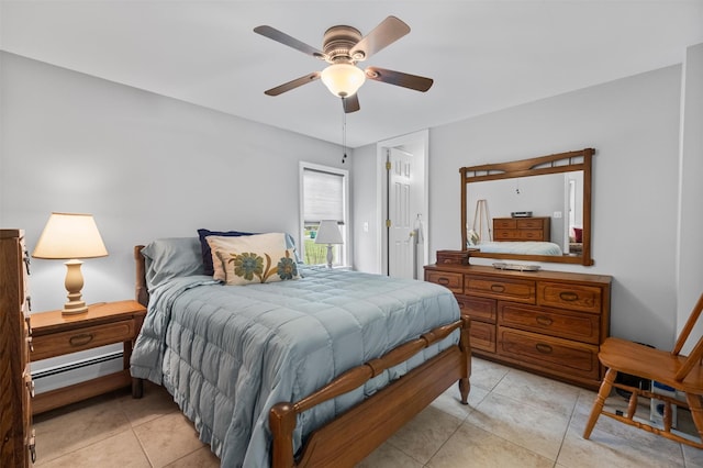 7 Brandy Ln, Hopewell Junction, NY 12590 - bedroom with light tile patterned floors, a baseboard radiator, and a ceiling fan