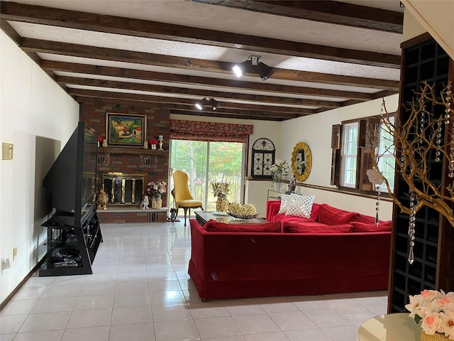 1 Parkview Dr, Middletown, NY 10940 - tiled living room with beam ceiling and a fireplace