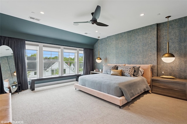 18 Rose Ln, Rye Brook, NY 10573 - bedroom featuring wallpapered walls, carpet, recessed lighting, and a ceiling fan