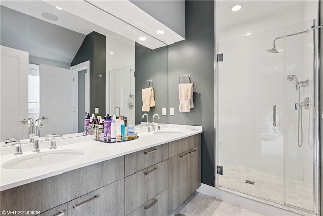 18 Rose Ln, Rye Brook, NY 10573 - full bathroom featuring a shower stall, double vanity, and recessed lighting