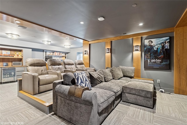 18 Rose Ln, Rye Brook, NY 10573 - home theater room with wine cooler, a bar, carpet, and recessed lighting