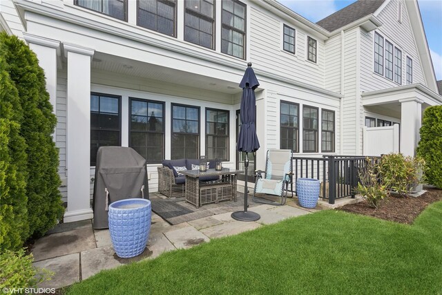 18 Rose Ln, Rye Brook, NY 10573 - back of property featuring outdoor lounge area, a patio, and a yard