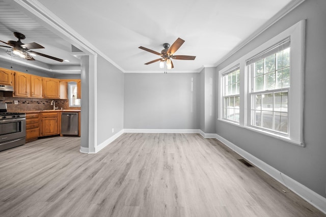 199 Central Ave, Bethpage, NY 11714 - unfurnished living room with a ceiling fan, light wood-style floors, a sink, ornamental molding, and baseboards