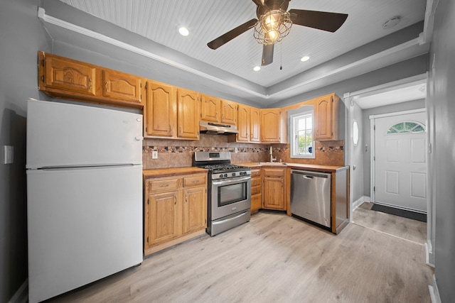 199 Central Ave, Bethpage, NY 11714 - kitchen featuring appliances with stainless steel finishes, a sink, under cabinet range hood, light wood finished floors, and recessed lighting