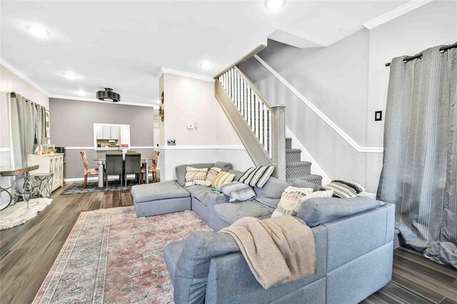 187-16 Williamson Ave, Springfield Gardens, NY 11413 - living room featuring ornamental molding, stairway, recessed lighting, wood finished floors, and baseboards