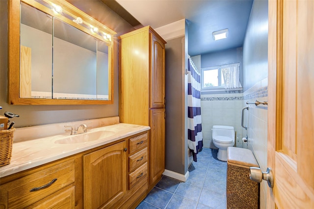 7 Ross Ln, Middletown, NY 10941 - bathroom with tile patterned floors, vanity, a shower with curtain, and tile walls