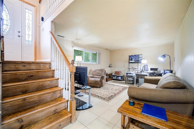 7 Ross Ln, Middletown, NY 10941 - living room with light tile patterned floors, stairs, and an office area