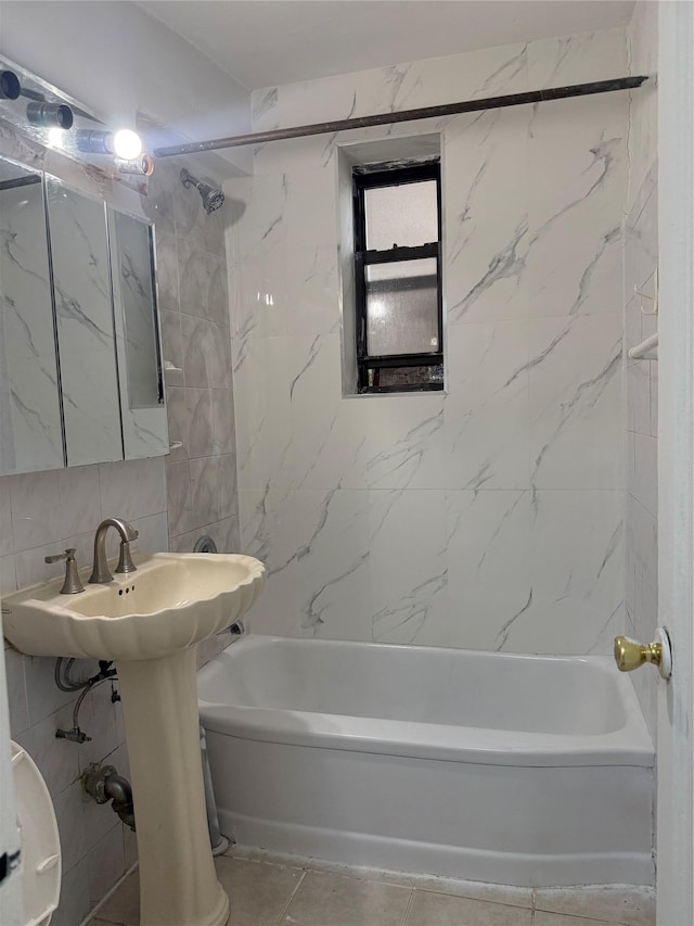 44-11 Macnish St Unit 1E, Elmhurst, NY 11373 - full bathroom featuring bathing tub / shower combination, tile patterned floors, and tile walls