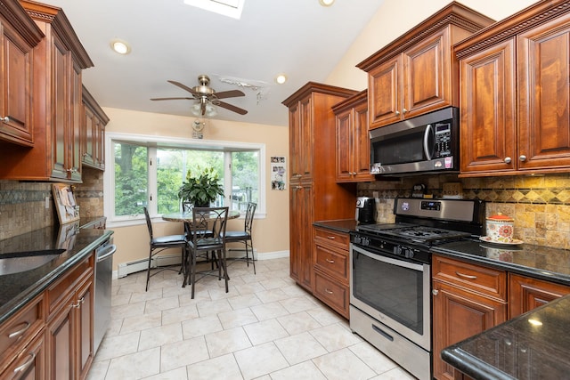 449 Terry Blvd, Holbrook, NY 11741 - kitchen with stainless steel appliances, ceiling fan, tasteful backsplash, dark stone countertops, and recessed lighting