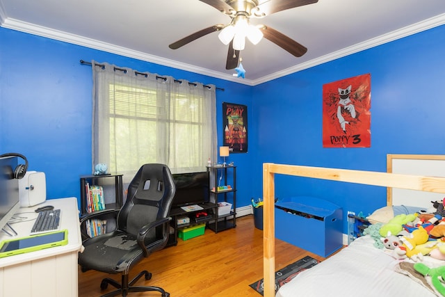 449 Terry Blvd, Holbrook, NY 11741 - bedroom featuring an office area, ornamental molding, wood finished floors, and a ceiling fan