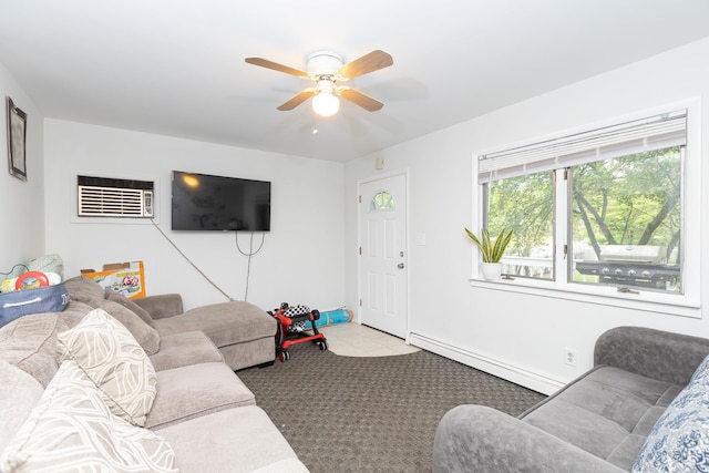 449 Terry Blvd, Holbrook, NY 11741 - tiled living area with a baseboard radiator, a ceiling fan, and a wall unit AC