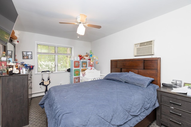 449 Terry Blvd, Holbrook, NY 11741 - carpeted bedroom featuring baseboard heating, a wall mounted air conditioner, and ceiling fan
