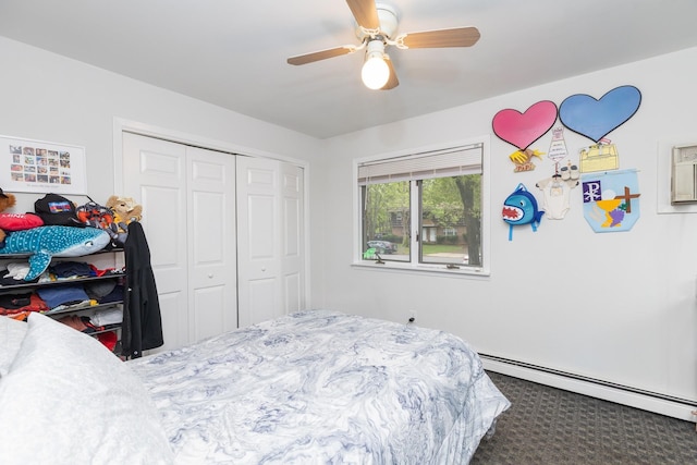 449 Terry Blvd, Holbrook, NY 11741 - bedroom featuring baseboard heating, a closet, ceiling fan, and carpet floors