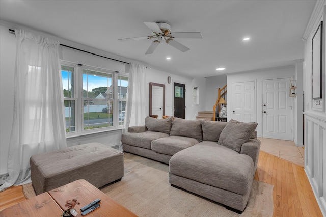 5 Michelle Ln, Selden, NY 11784 - living room featuring stairway, recessed lighting, a ceiling fan, and light wood-type flooring