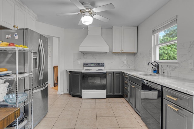 5 Michelle Ln, Selden, NY 11784 - kitchen featuring custom range hood, electric range, dishwasher, stainless steel fridge, and white cabinetry