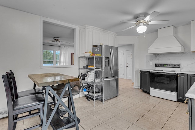 5 Michelle Ln, Selden, NY 11784 - kitchen featuring custom exhaust hood, white range with electric cooktop, stainless steel fridge with ice dispenser, ceiling fan, and white cabinetry