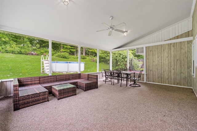 3518 Overlook Ave, Yorktown Heights, NY 10598 - sunroom with a ceiling fan, lofted ceiling, an outdoor hangout area, and outdoor dining area