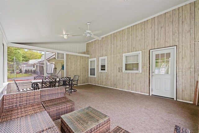3518 Overlook Ave, Yorktown Heights, NY 10598 - sunroom featuring ceiling fan, outdoor dining space, vaulted ceiling, and an outdoor hangout area