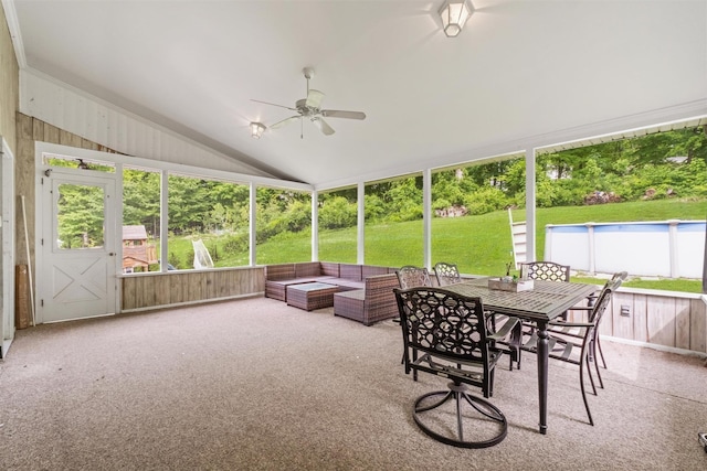3518 Overlook Ave, Yorktown Heights, NY 10598 - sunroom / solarium with a ceiling fan, vaulted ceiling, an outdoor living space, and outdoor dining space