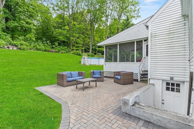 3518 Overlook Ave, Yorktown Heights, NY 10598 - view of patio with a sunroom, an outdoor pool, entry steps, and an outdoor hangout area
